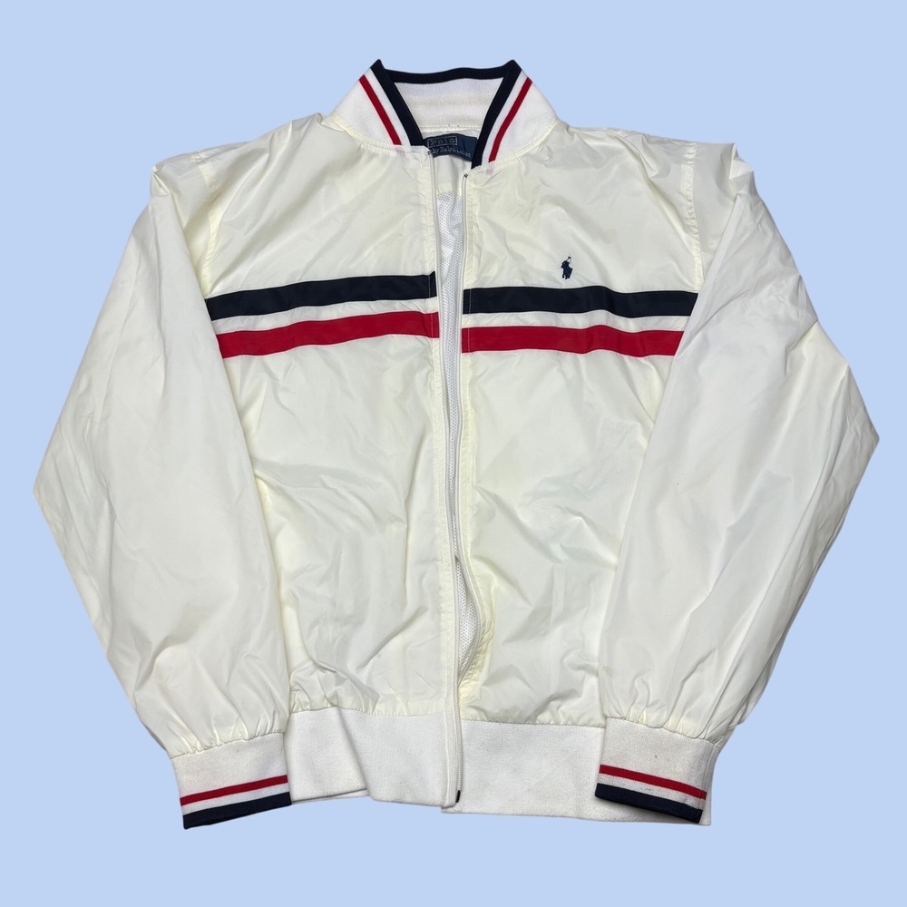 Polo Ralph Lauren Mens XXL White Striped Windbreaker Bomber Jacket 100% Cotton